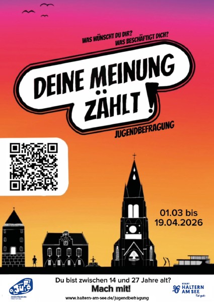 Plakat zur Jugendbefragung 2026 mit dem Slogan "Deine Meinung zählt!"